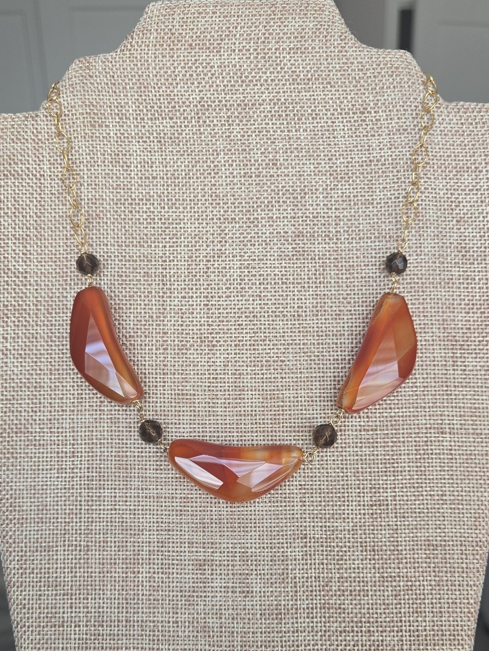 14/20 GF Chain Carnelian Statement Necklace With Smokey Topaz Vintage Jewelry